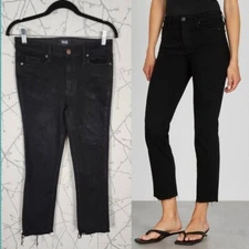 Paige Black Stretch Jacqueline High Rise Straight Crop Jeans Raw Hem Women's 28