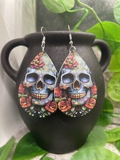 3  Silver-Tone Earring Set New Free Ship Leather Sugar Skull Floral A3817