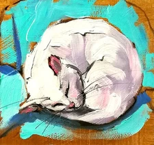 Original Oil Painting Sleeping Cat White Kitten Pet Art Signed