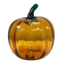 Vtg Blenko Amber Orange Glass Pumpkin Applied Green Stem Handblown 4" Fall MCM