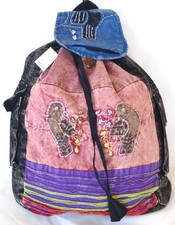 HANDMADE,NEPAL 2 BIRDS FADED RED,BLACK DRAWSTRING COTTON BACKPACK,SHOULDER BAG