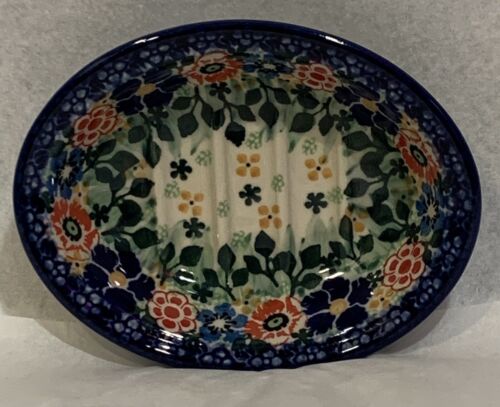 Unikat Polish Pottery Soap Trinket Dish Floral Garden Blue, Red, Green, Gold