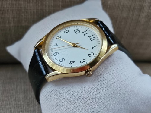 Fashion Wristwatch Gold Tone Case Black Leather Strap Analog Quartz Unisex Watch - Picture 10 of 13