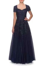La Femme Women's Navy Blue Embellished Sparkle Tulle A-Line Gown Size 4 535