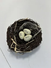 5" Decorative Bird Nest with three Eggs Hope Joy Peace With Clip On Bottom
