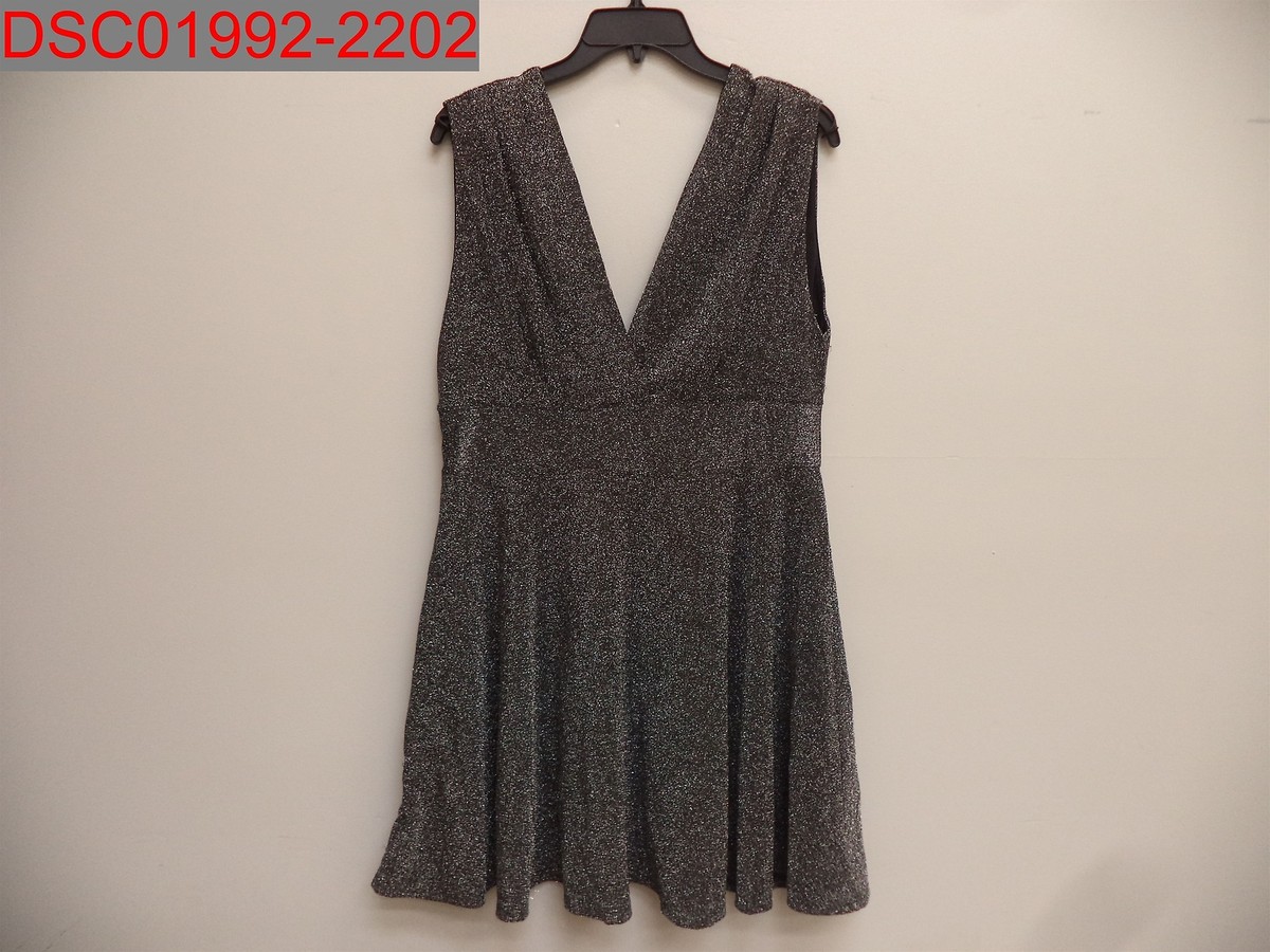 Fraiche by J Women's Black Silver Shimmer Deep V-Neck Fit & Flare