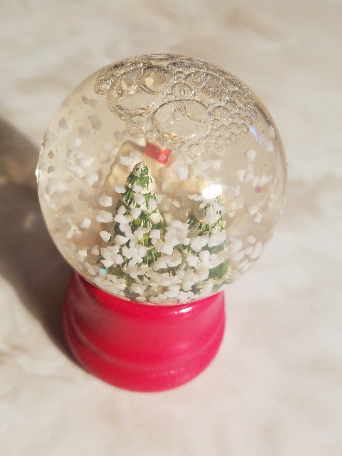 Vintage Christmas Snow Globe Dome Red Wood Base Cottage & Pine Trees | eBay