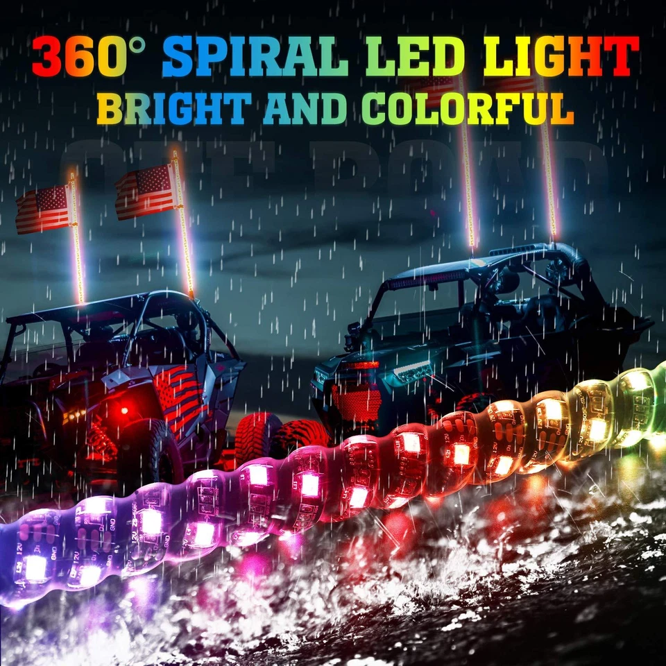 2 PIEZAS 5 PIES Luces Látigo Espiral RGB Antena LED CON Banderas para ATV UTV RZR X3 ZFORCE Foto 4 de 4
