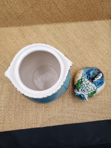 Blue Sky Clayworks Porcelain - Hand Painted PEACOCK COOKIE JAR Canister - Picture 4 of 8