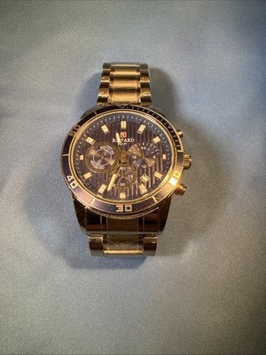 Reward Mens Chronograph Watch Blue Dial Gold Tone Box & Papers. Dead Battery.