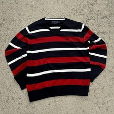 U.S. Polo Assn. Men  s Striped V-Neck Pullover Sweater Medium Black Red White