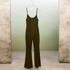 Olive Green Flare Leg Jumpsuit Womens Medium Stretch Minimalist Casual Chic