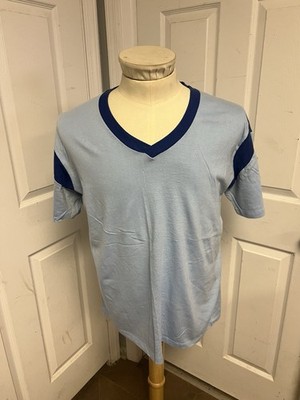 Vintage Sport T-Shirt Stedman Blank Single Stitch Light Blue Stripe XL V Neck