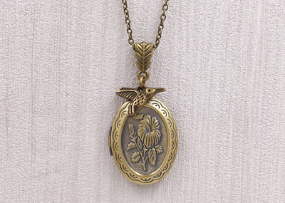 Flower and Hummingbird Locket Oval Vintage Hibiscus Floral Jewelry