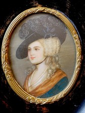 Superbe miniature ancienne portrait à la gouache, jeune femme, romantique