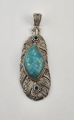 Sterling Silver Turquoise Mosaic Feather Sarda Pendant Enhancer 925 - 28.2g