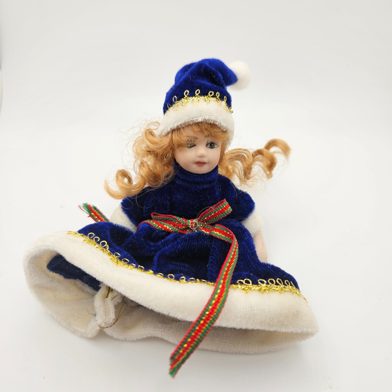 Vintage Christmas Porcelain Doll Ornament Blue Velvet Dress Blonde Hair