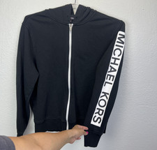 Michael Kors Men Black Logo Tape Long Sleeve Fleece Zip Hoodie Sweater Size M