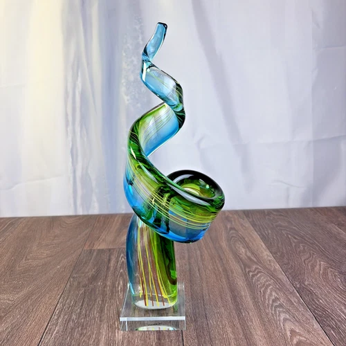 14" MCM Hand Blown Murano Blue Green Spiral Ribbon Swirl Studio Art Glass ITALY