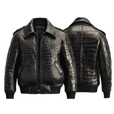 Men's Black Crocodile Embossed Leather Bomber Jacket Zip-Up Luxury Coat