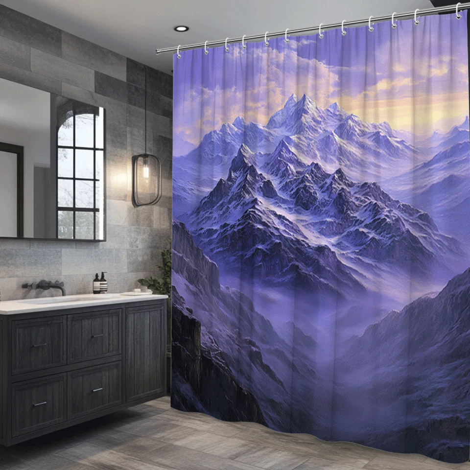 Cortina de chuveiro montanha roxa paisagem natureza cênica decoração banheiro - Imagem 4 de 4