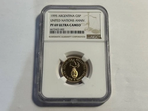 1995 Argentina Gold 5 Peso United Nations 50th Anniversary Rare NGC PF69