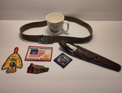 Vintage Boy Scouts B.S.A. Lot - Belt & Buckle 1969 Cup Patches Cutlery Set
