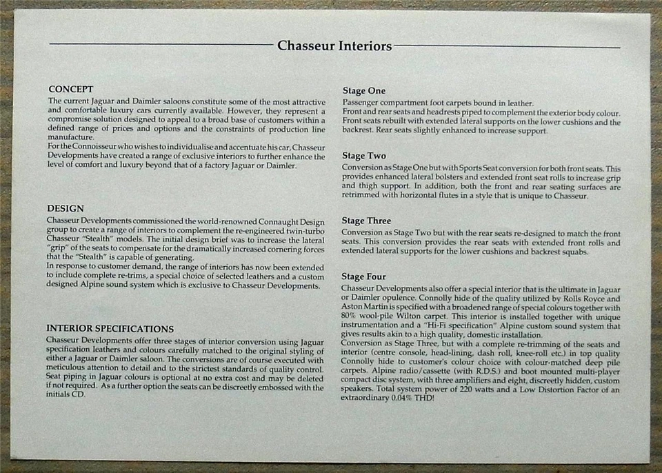 JAGUAR/DAIMLER SALOONS LEATHER INTERIOR By CHASSEUR Sales Leaflet c1989 - Image 2 of 2