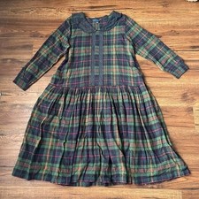 Vintage April Cornell Blue Green Plaid Dress Lace Collar Drop Waist Women Large