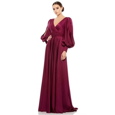NWT Mac Duggal $398 FLOWY SPLIT BISHOP SLEEVE FAUX WRAP GOWN 67847 WINE  SZ 4