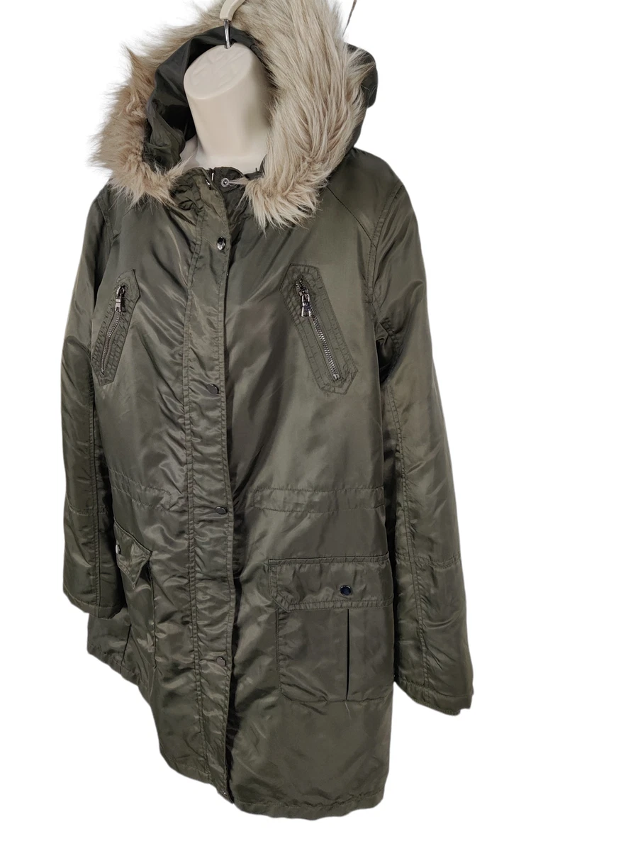 WOMENS OASIS KHAKI CASUAL FAUX FUR HOOD LIGHTWEIGHT PARKA COAT