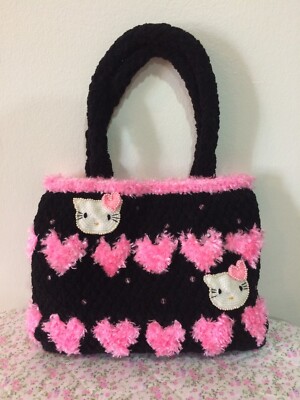NEW Hello Kitty Cat Black x Pink Soft Shoulder Bag Handmade