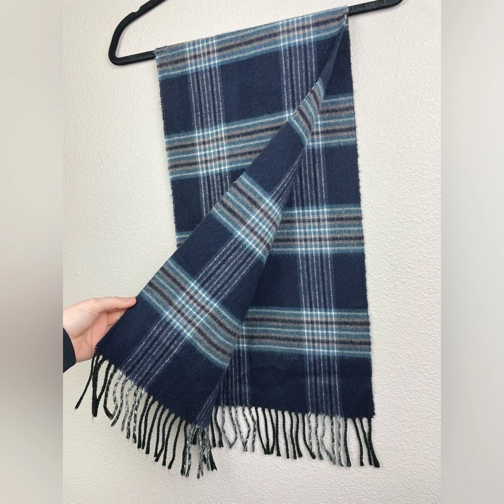 Foulard vintage Christian Dior Monsieur Cashmaire étole franges à carreaux bleu marron blanc