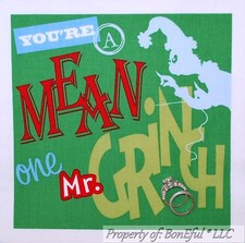BonEful Fabric Cotton Quilt Square Block Red Green Dr Seuss Grinch VTG Xmas Word