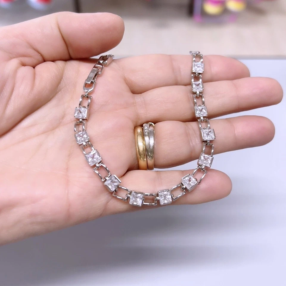 Bracciale Tennis 6mm Cubo pl. oro Bianco 18k con cristalli Zirconi  B20 - Immagine 2 di 4