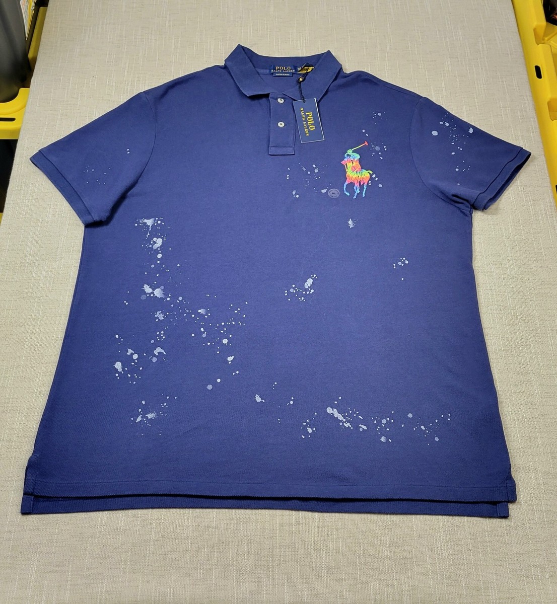 Ralph Lauren Mesh Polo Shirt 2XL Mens Navy Blue Big Pony Paint