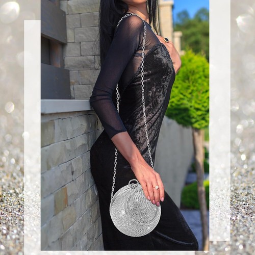 Disco Round Purse Silver Circle Ball Crystal Clutch Shape, - Picture 7 of 7