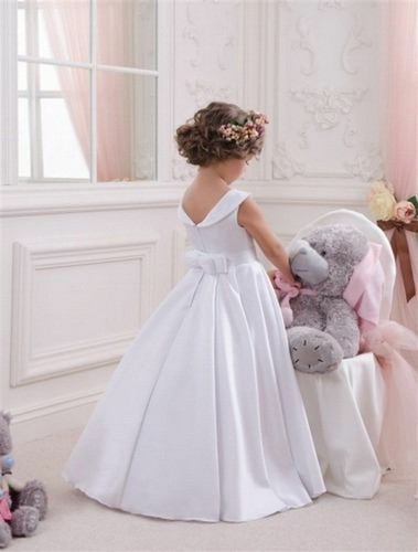 White Satin Communion Prom Princess Pageant Bridesmaid Wedding Flower Girl Dress - Picture 2 of 7