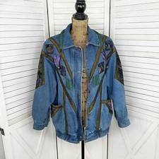 Vintage 80s Current Seen Coat Women Medium Blue Denim Patchwork Full Zip Winter