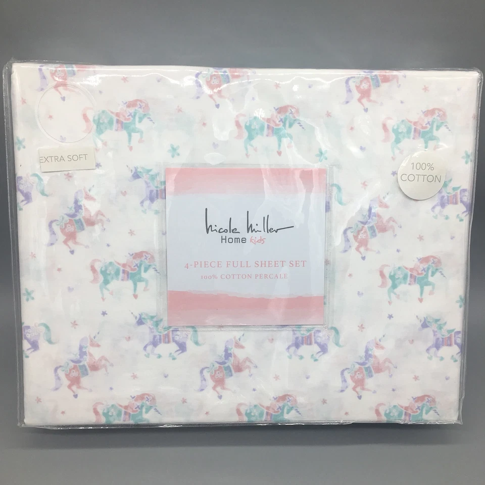 Juego de sábanas 4 piezas Nicole Miller Unicornio COMPLETO Rosa Púrpura Verde azulado Corazón Estrellas Foto 2 de 4