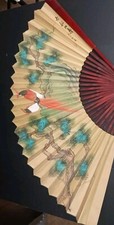 Vintage Large 30" Hand Painted Asian Chinese Fan Bamboo Birds Pines Signed
