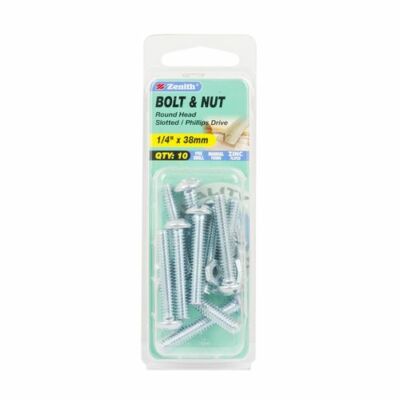 Zenith 1/4'' x 38mm Zinc Plated Round Head Bolt And Nut - 10 Pack