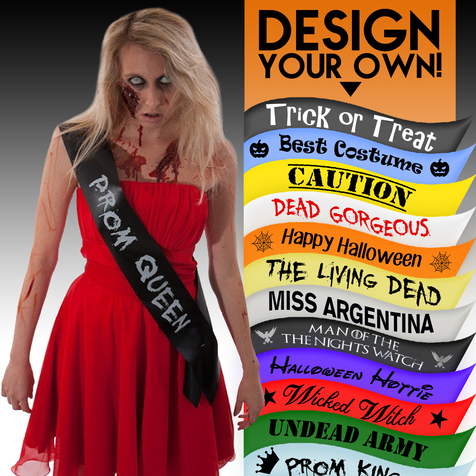 Personalised Halloween Sash Scary Decoration Costume Zombie Prom Queen Prom King