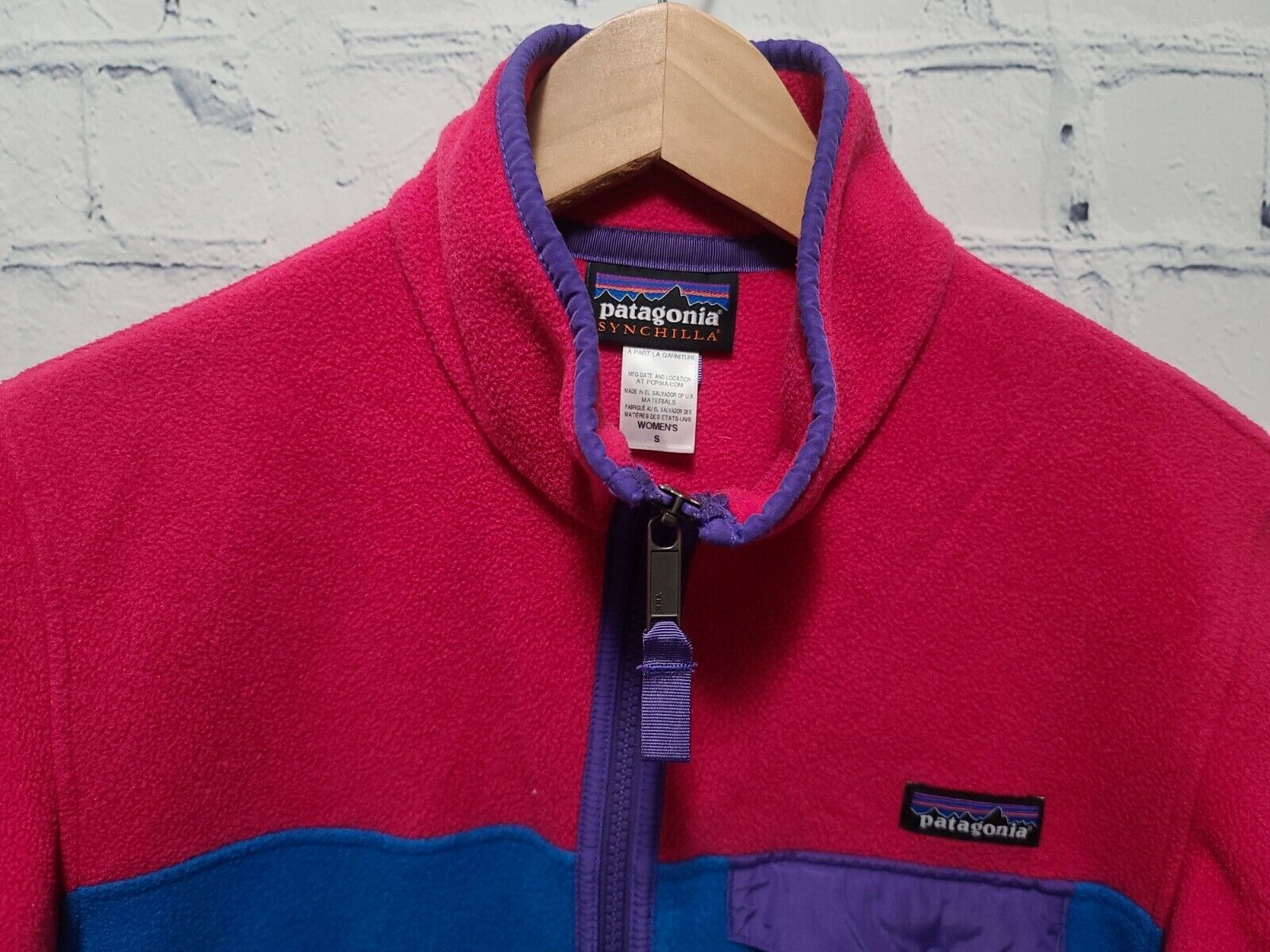 Patagonia Womens Synchilla Full Zip Snap-T Fleece Small Pink Blue Color  Block B6
