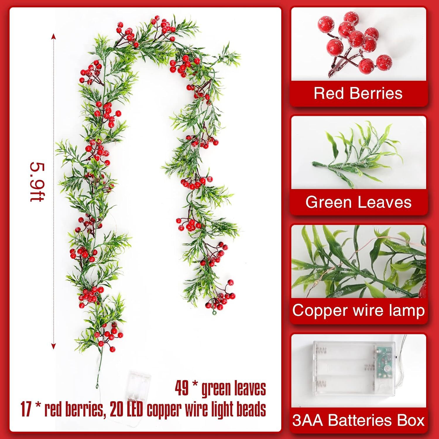 Pre Lit Christmas Garland With Light LED Red Berry Garland Christmas