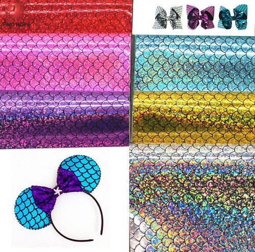 Holographic Mermaid Scale Fabric PU Leather Foil DIY Bow Craft Making Decor Roll - Picture 2 of 15