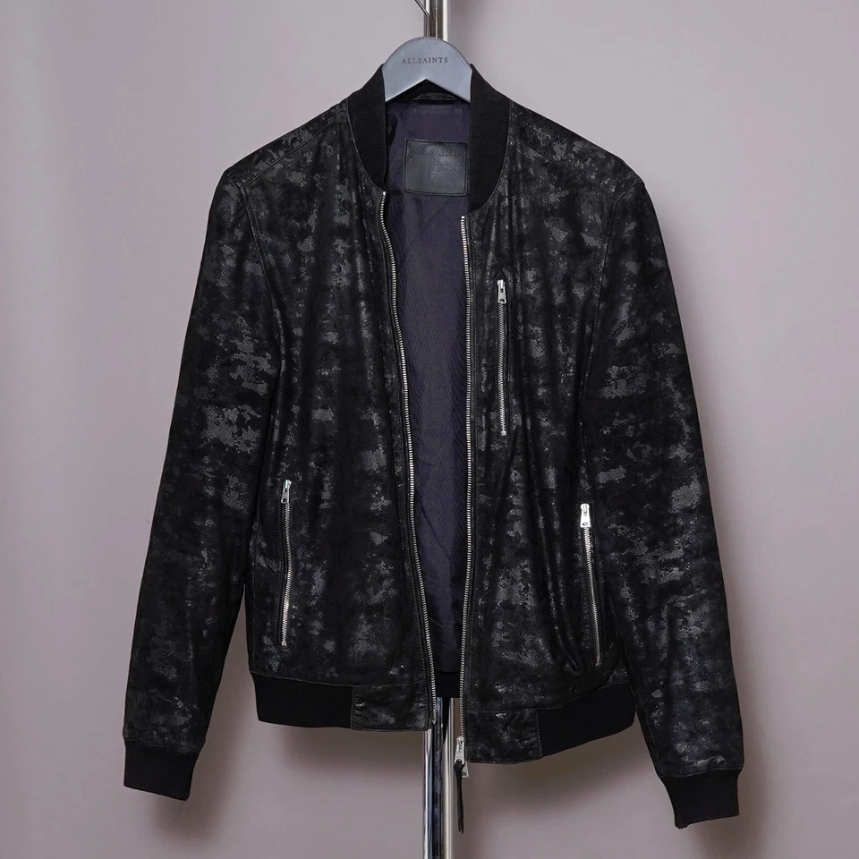 ALL SAINTS Suede Leather Jacket MEDIUM Mens Black Bomber M Camouflage Camo KIRK - Image 2 of 4