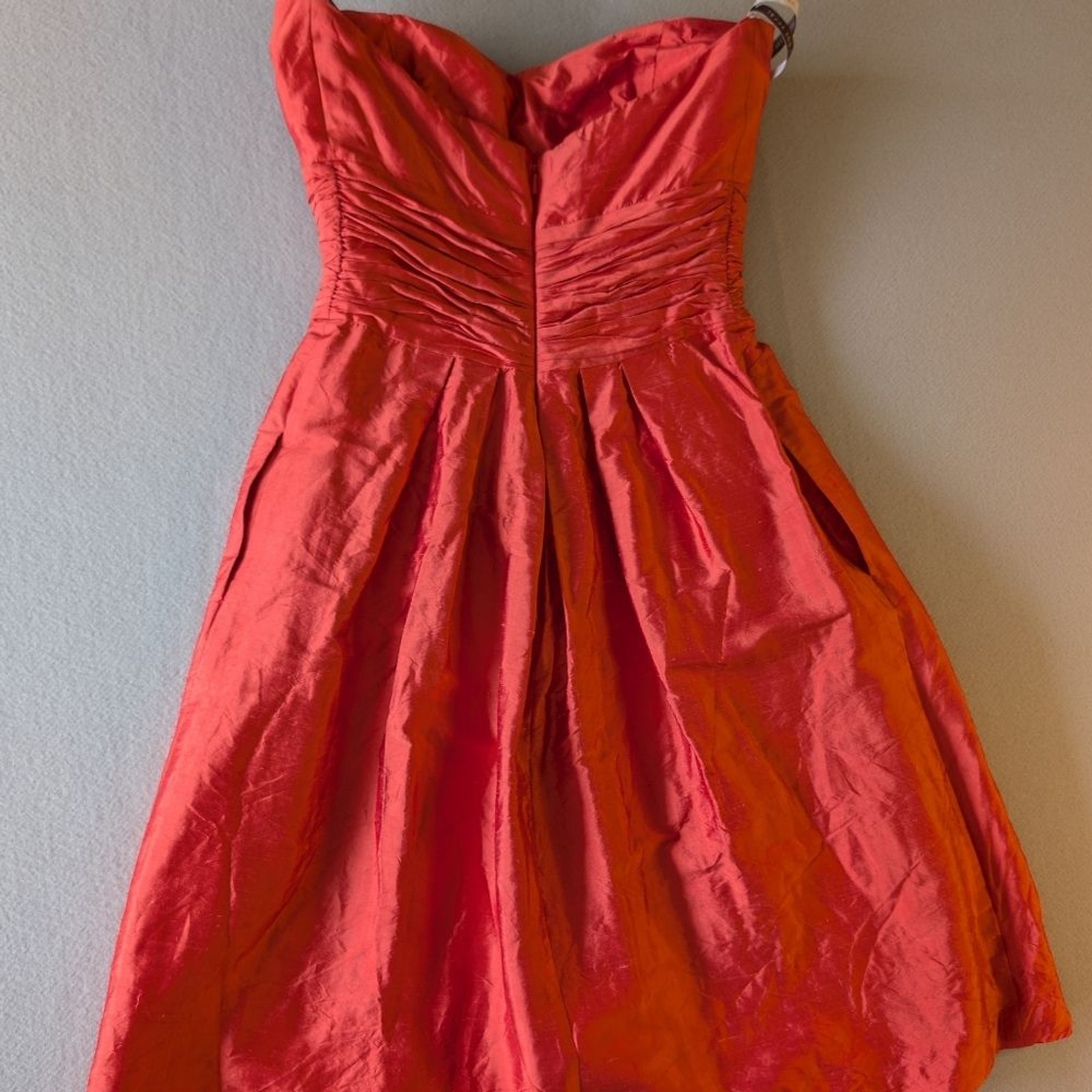 Jenny Yoo 100% Silk Coral Orange Strapless Ruched Waist Cocktail Dress Sz 8 image 7
