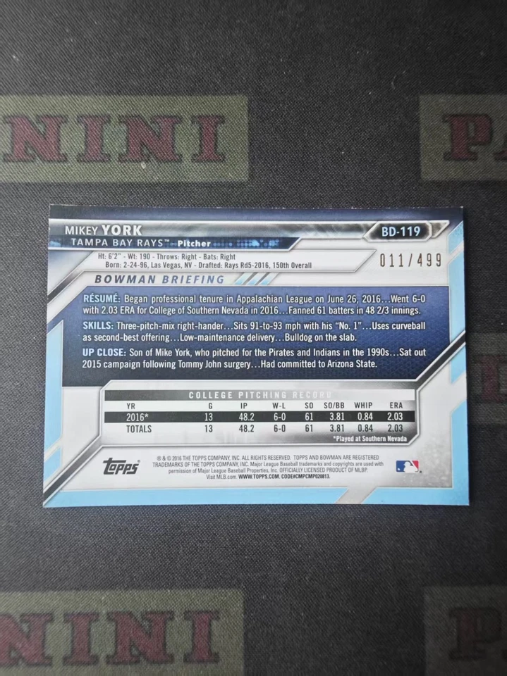 2016 Bowman Baseball MLB 1st Rookie Mikey York /499 - Image 2 of 2