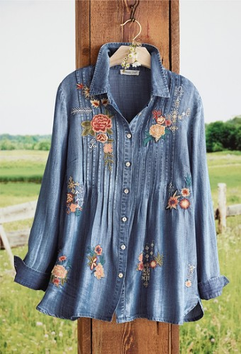 #ad Coldwater Creek Las Rosas Pintucked TENCEL™ Top Color Medium Wash $66.84